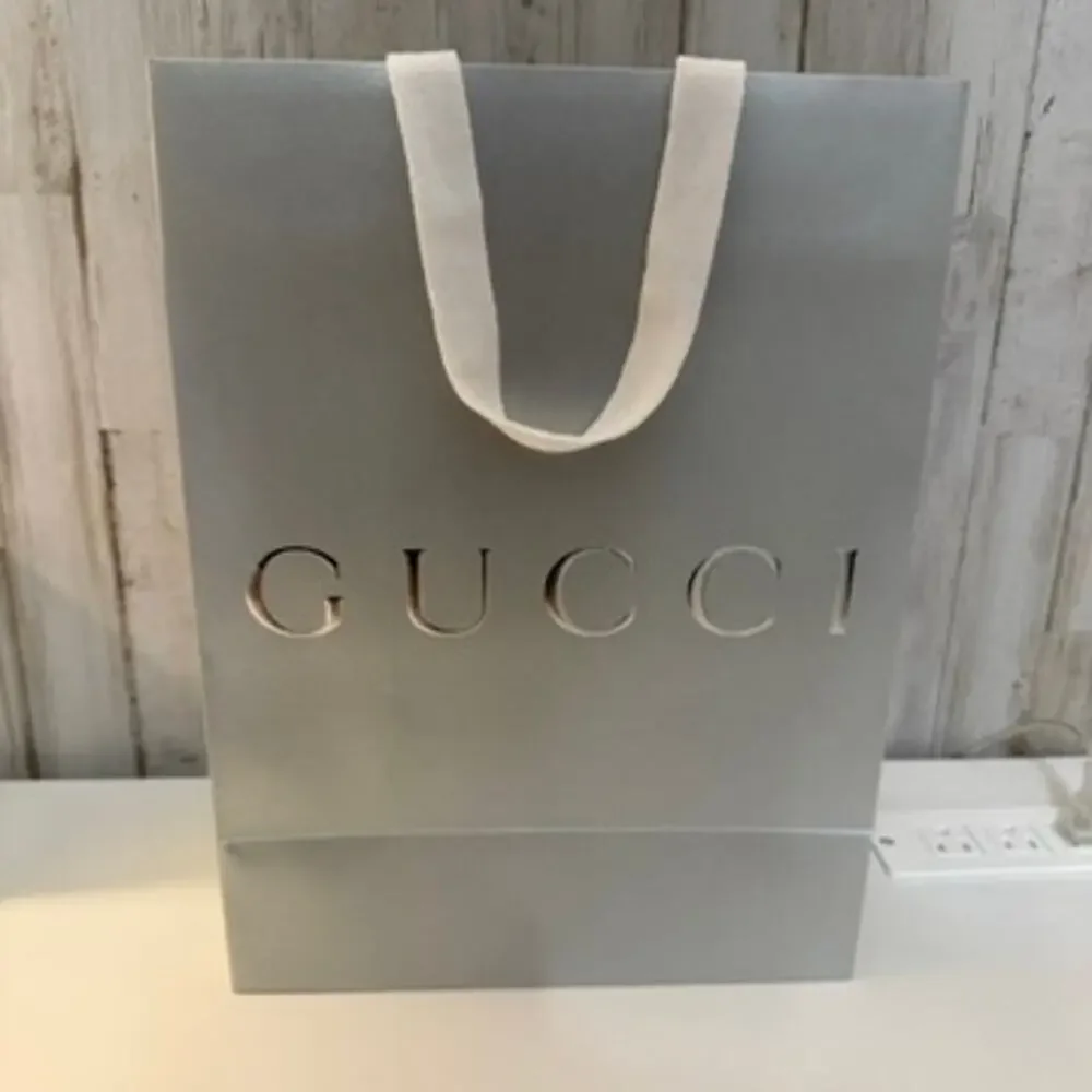 Gucci Boutique Shopping Gift Bag Silver White Ribbon Handles Reusable